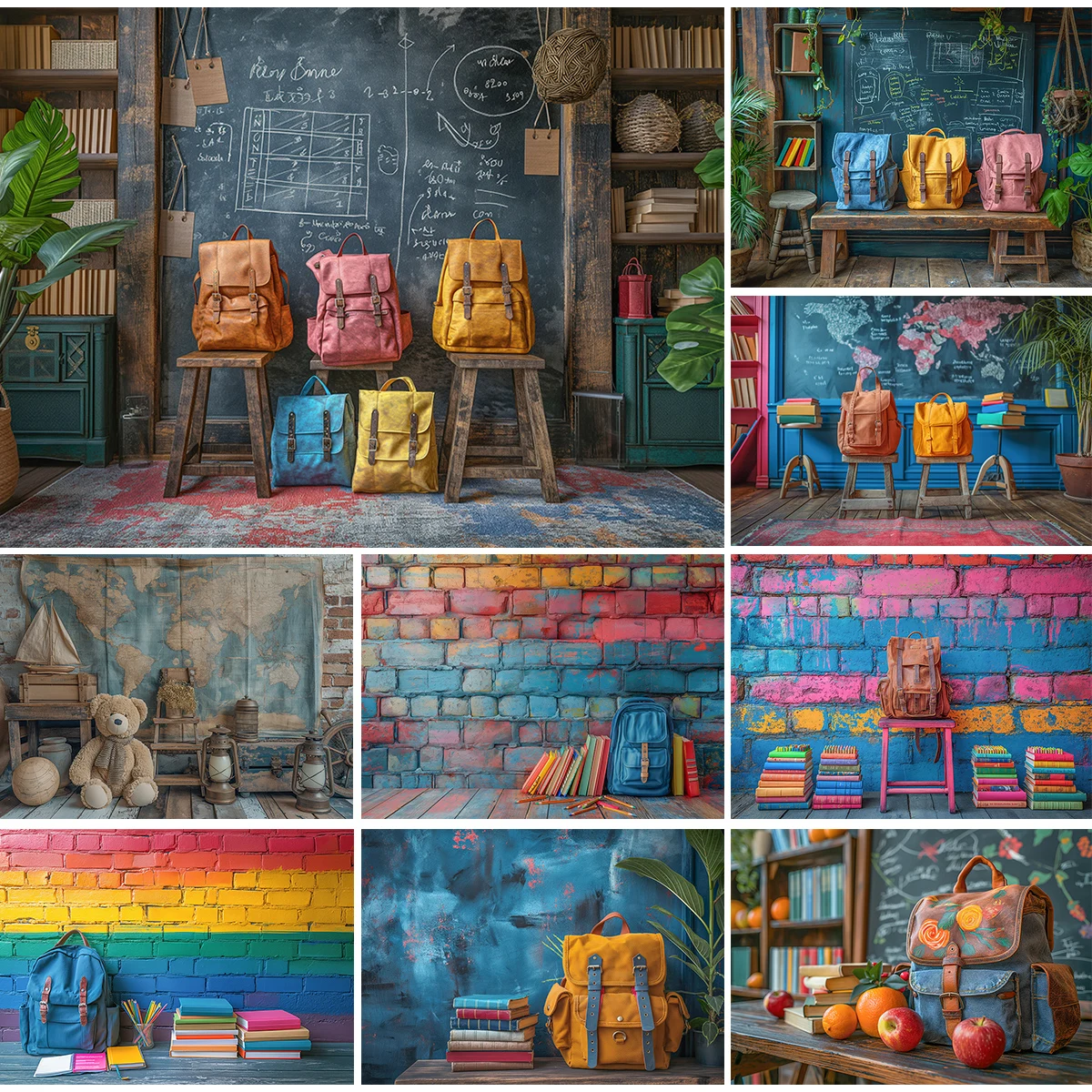 Back School Backdrops Kids Photocall Adult Child Photography Props Books Bookcase Brick Wall Black Board Backgrounds