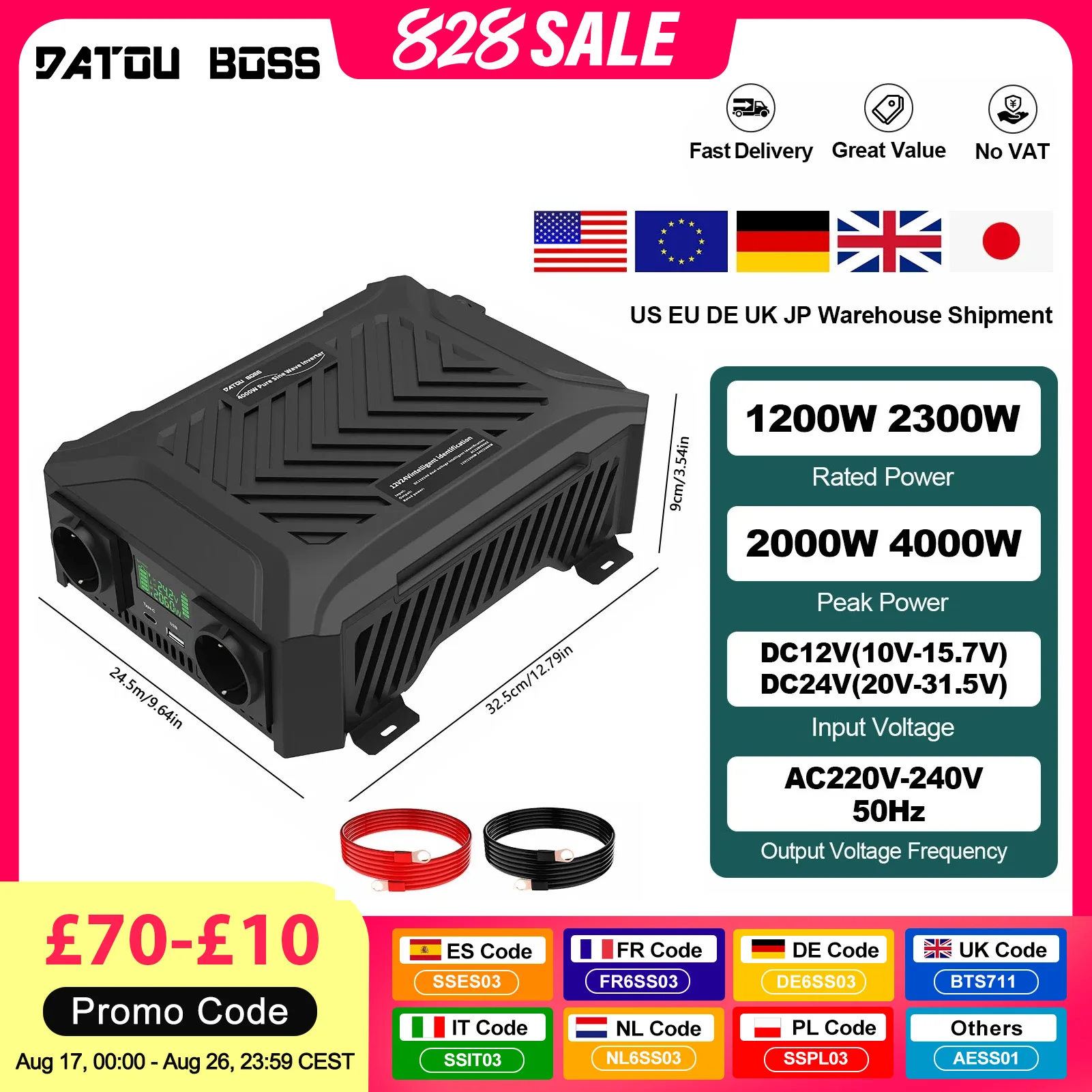 DATOUBOSS 1200W 2300W Convertitore portatile a doppia tensione DC12V-24V Conmutazione automatica Convertitore PureSineWave per sistema solare fuoristrada RV