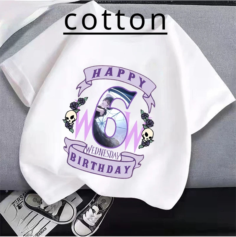 2024 New Wednesday Addams Children Clothing Anime Summer Girls Birthday Gift Number Cotton T-shirt Cartoon Clothes Kids Top