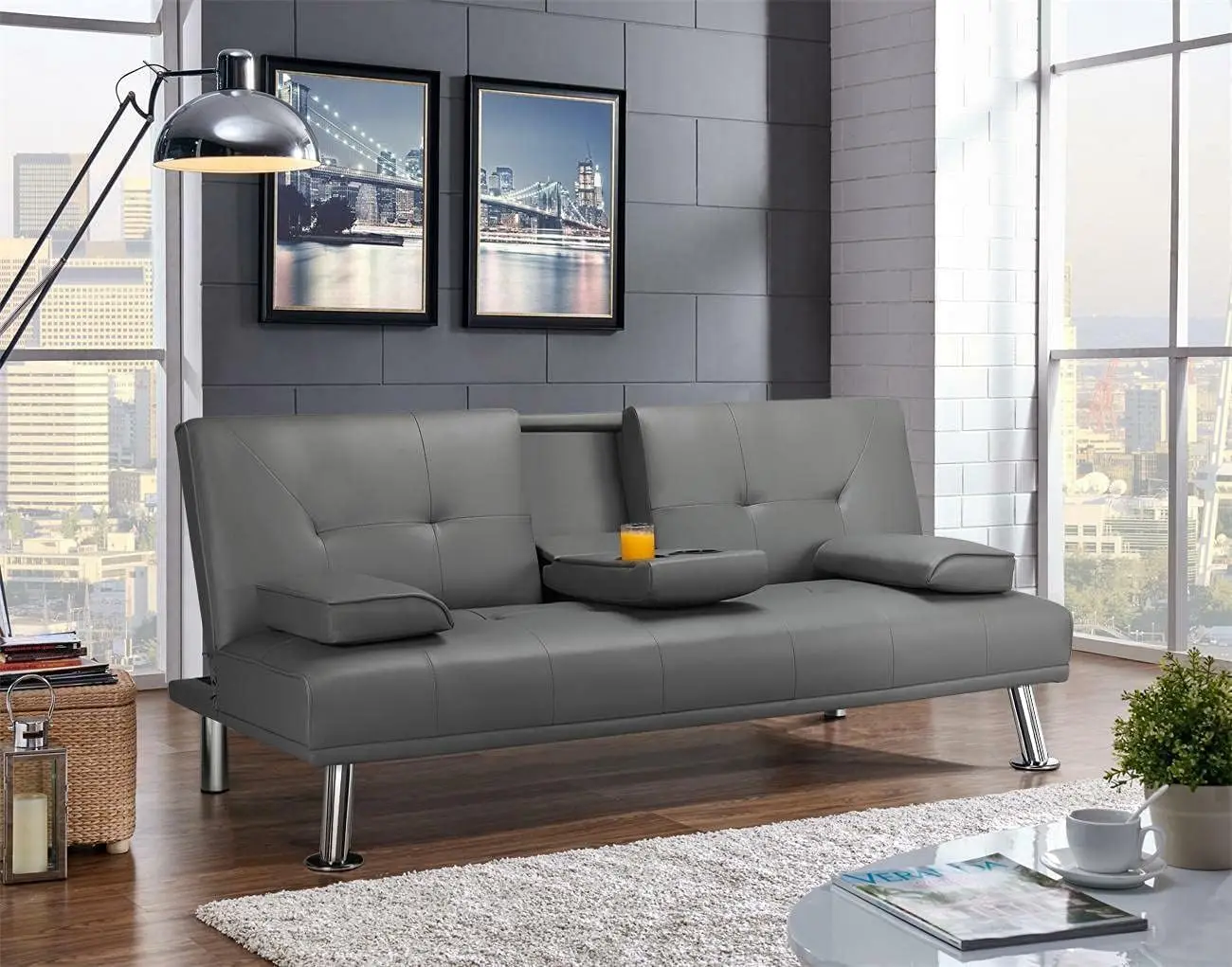 Modern Faux Leather Sofa Bed Convertible Folding Futon with Armrest Home Recliner Home Furniture for Living Room Gray