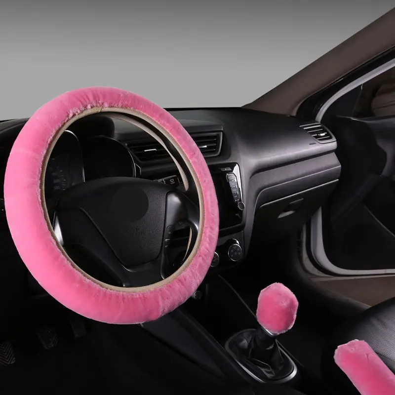 Car Steering Wheel Cover Gearshift Handbrake Cover Protector Decoration Warm Super Thick Plush Collar Soft Black Pink Decoration