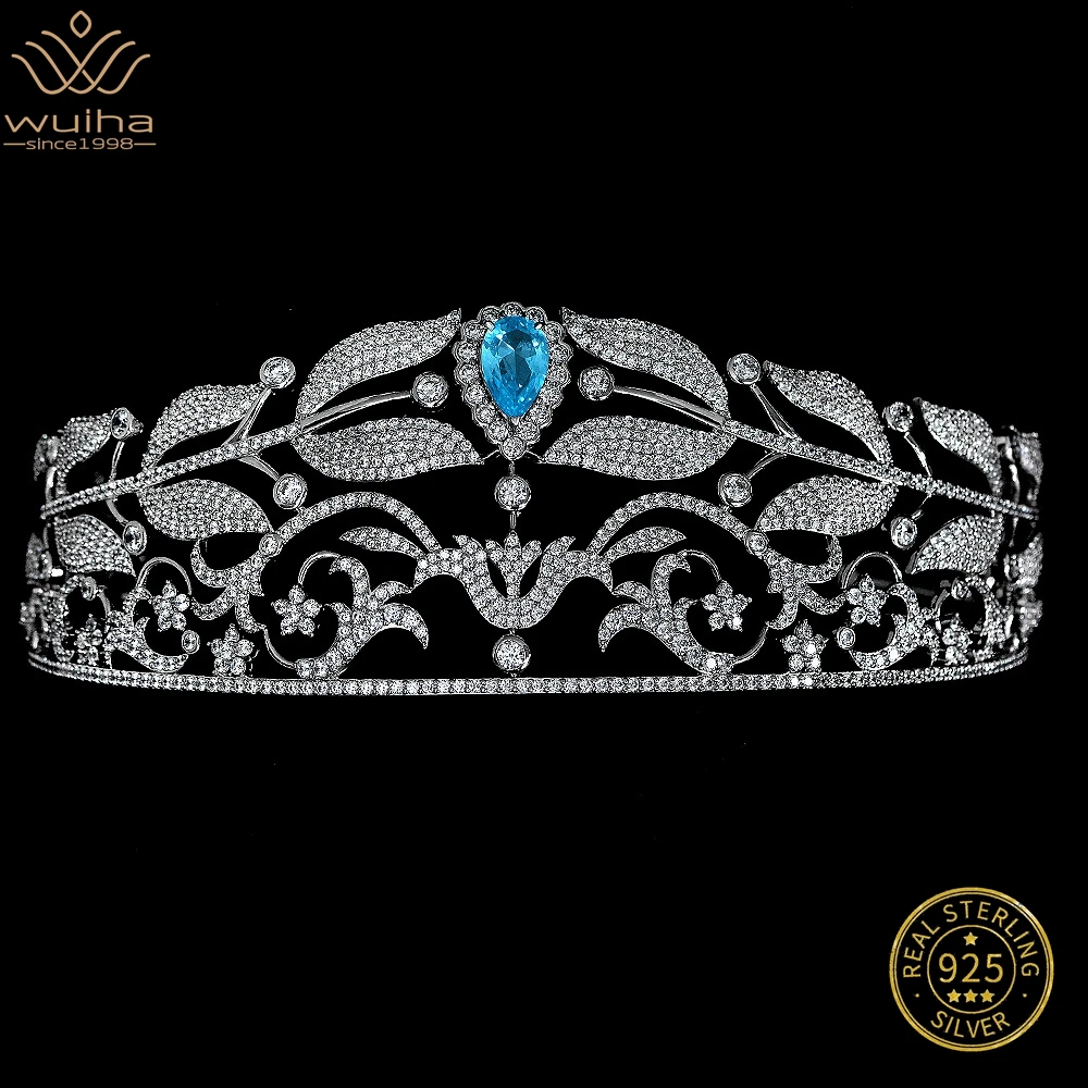 WUIHA 18K White Gold Plated Aquamarine Created Moissanite Headdress for Women Wedding 925 Sterling Silver Jewelry Drop Shipping