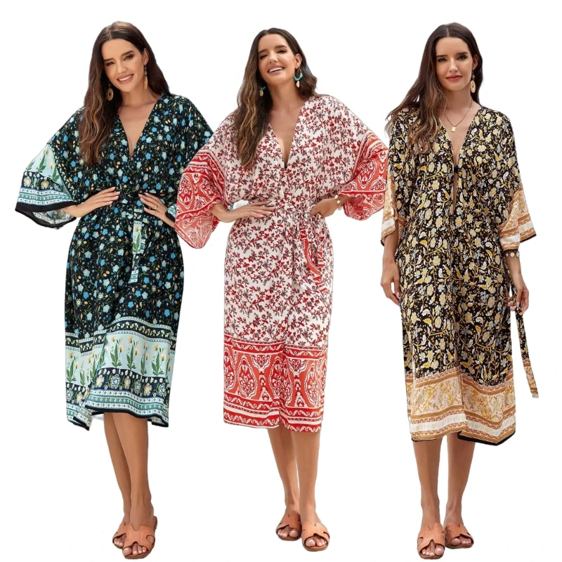 Cárdigans tipo kimono playa con flores bohemias para mujer, traje baño suelto con frente abierto