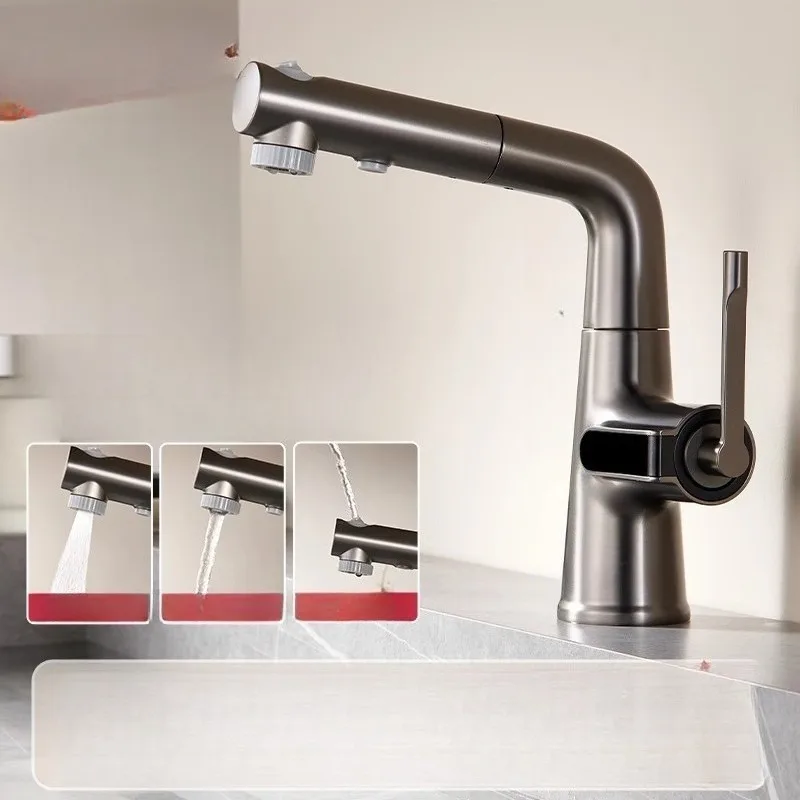 

Washbasin Pull-out Faucet with Digital Display Lifting and Rotating Mouthwash, Simple Bathroom Hot and Cold Dual Use Faucet