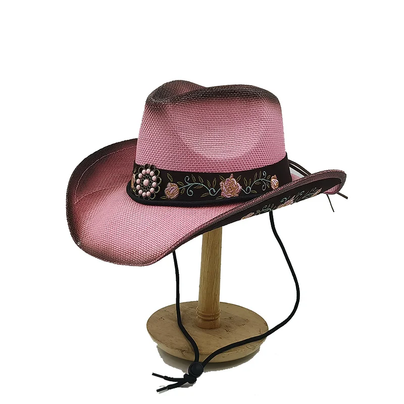 Western Cowboy Straw hat emboried flower women hat Large Brim straw hat summer cowboy Sunshade Jazz Hat sombrero vaquero hombr