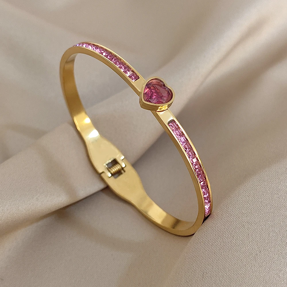 

Romantic Pink Rhinestone Heart Charm Bracelet for Women New Fashion Stainless Steel Open Spring Bangle Festival Jewelry Gift
