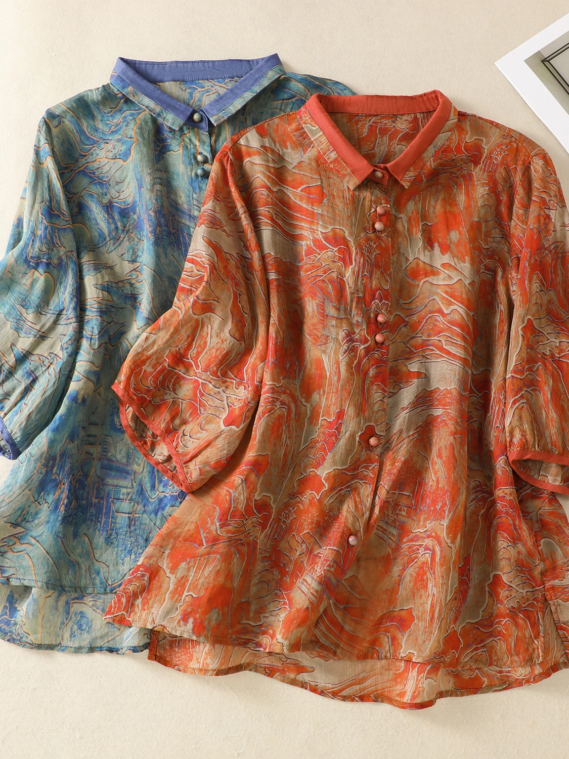 

Retro Floral Print Cotton Linen irt Women's Thin Color Blo Turn-down Collar Ele plus Size ort Sve Top