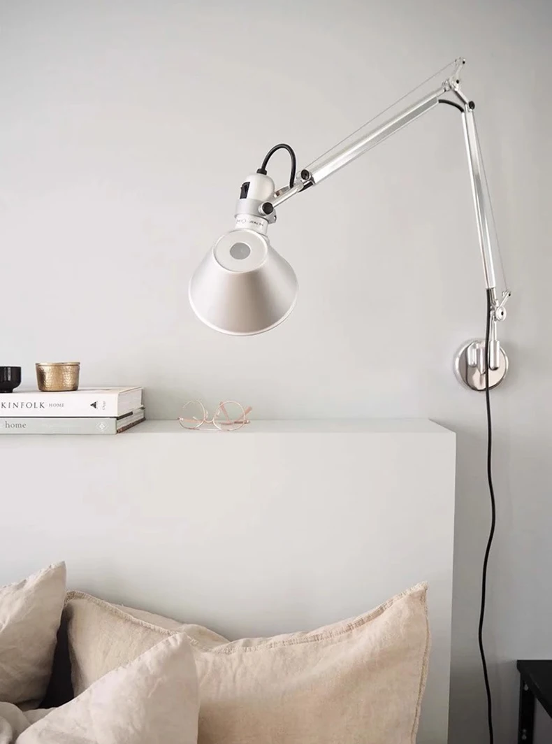 Long Arm Wall Lamp Silver Black Metal E27 Bulb Switch