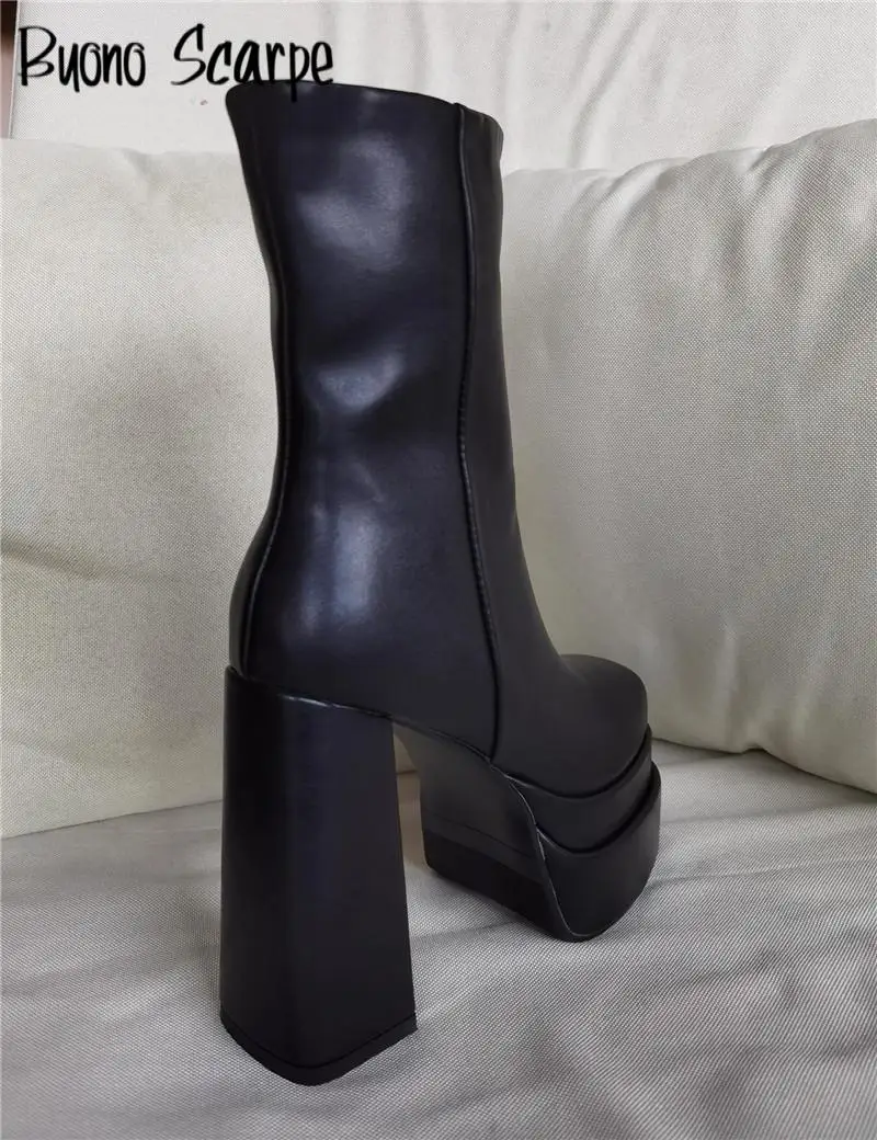 Patent Leather Platform Ankle Boots Women Zip Sqaure Chunky Toe High Heel Shoes Ladies Genuine Leather Block Heels Short Booties