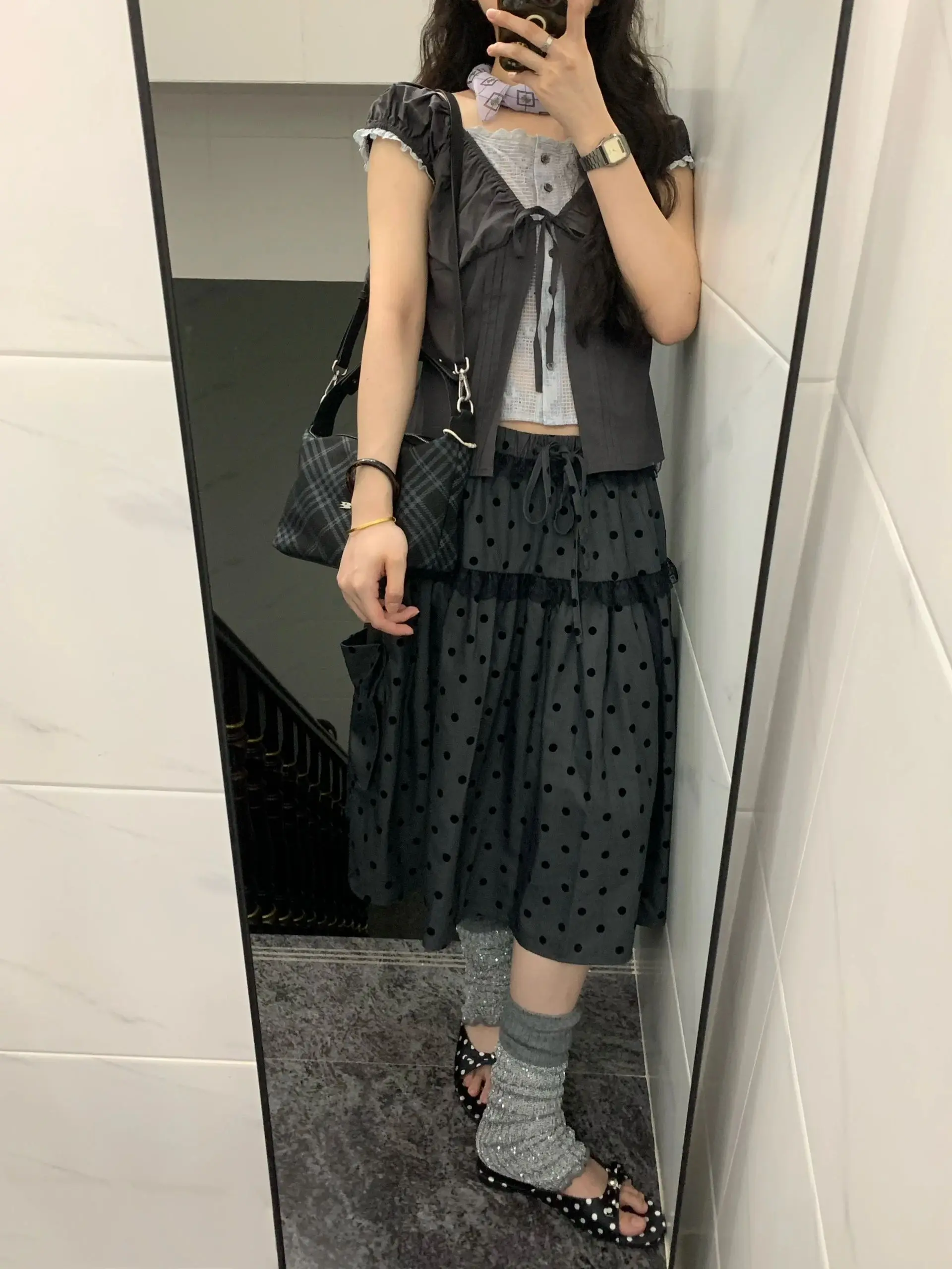 Setelan Atasan dan Rok Vintage Motif Polka Dot untuk Musim Panas, Model Patchwork, Busana Wanita Kasual, Bahan Campuran Poliester yang Nyaman dan Bernapas