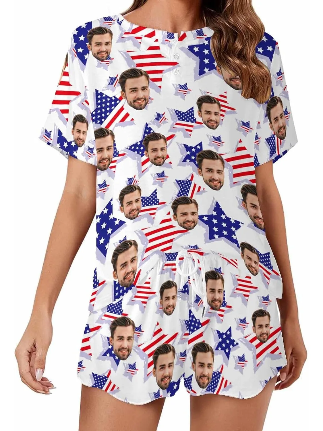 Aangepaste korte pyjamaset met foto, gepersonaliseerde loungeset voor dames, nachtkleding met grappig gezicht, zacht trainingspakcadeau - afbeelding 2