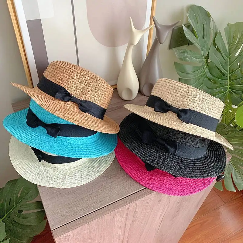 Chapeau de paille plat pour femmes, décontracté, shopping, plage, pour filles, église, courtoisie, panama, soleil