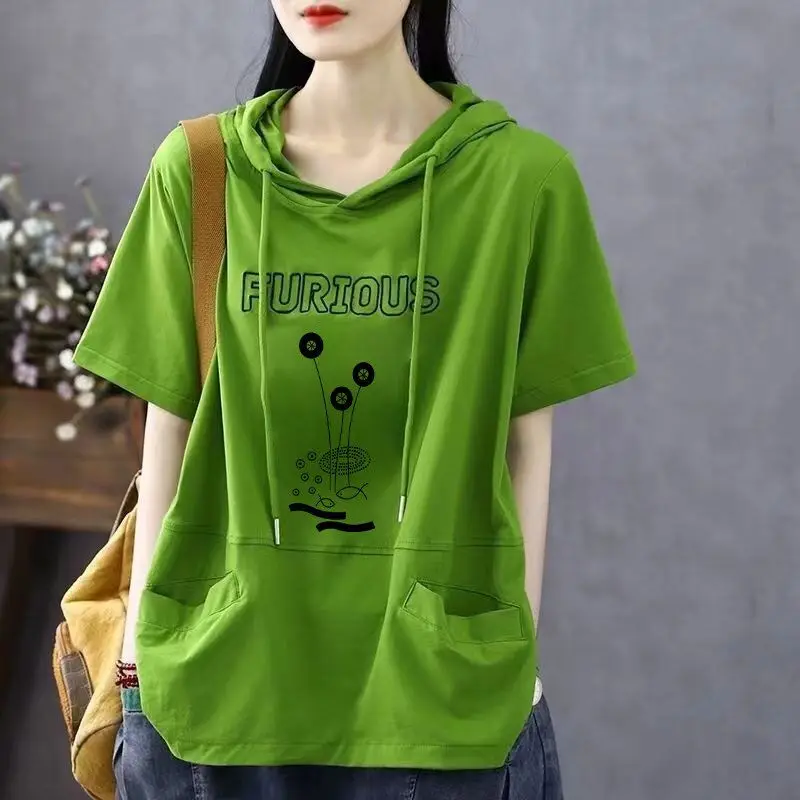 Camiseta de manga corta de algodón para mujer, novedad de verano 2023, camiseta fina con capucha estampada, versión coreana de Top corto holgado de tendencia para mujer