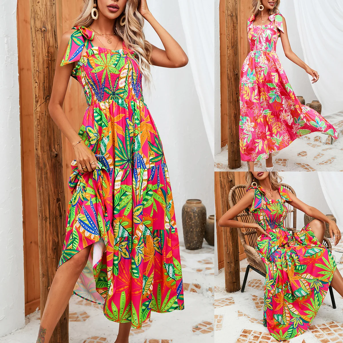 Hoge Kwaliteit Dameskleding Hot Selling 2024 Zomer Blad Print Gewikkeld Borst Strik Band Elegante Jurk Vestidos Maxi Jurk