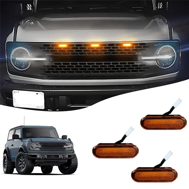 Front LED Grille Lights for Ford Bronco Wildtrak/ Badlands/ First Edition/ Everglads 2021-2023 Amber Dynamic Lamps, 3PCS