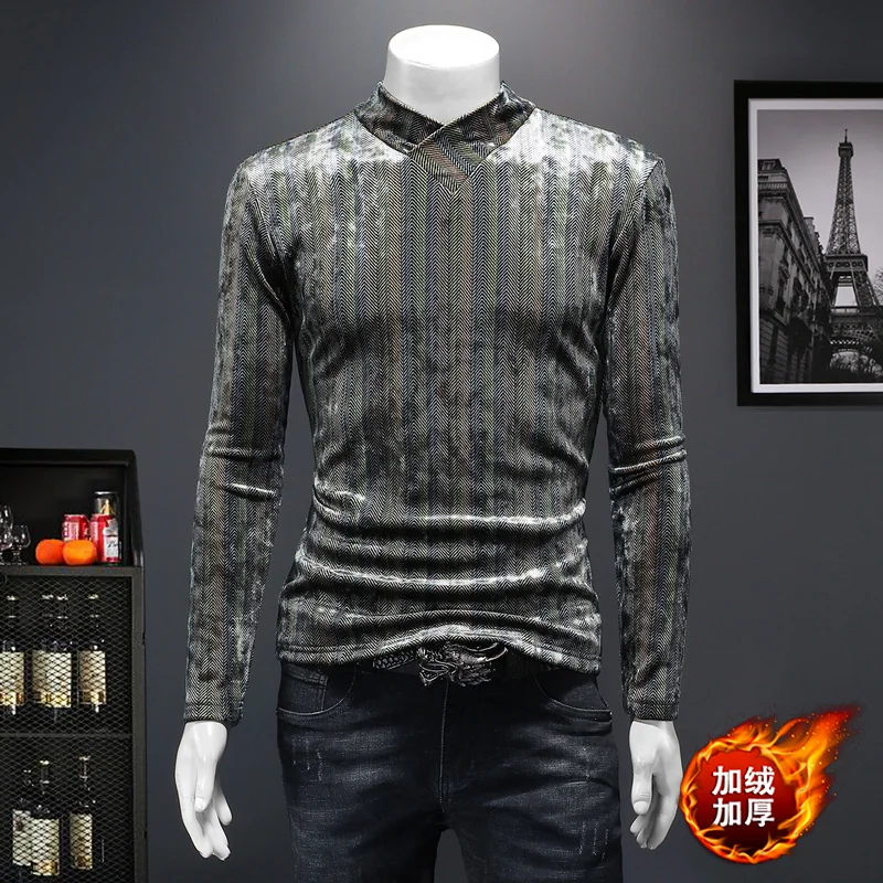 Winter Thick Warm Turtleneck T Shirt For Men Long Sleeved Casual New Fashion Top Quality Velevt Smooth Vintage Striped Camisetas