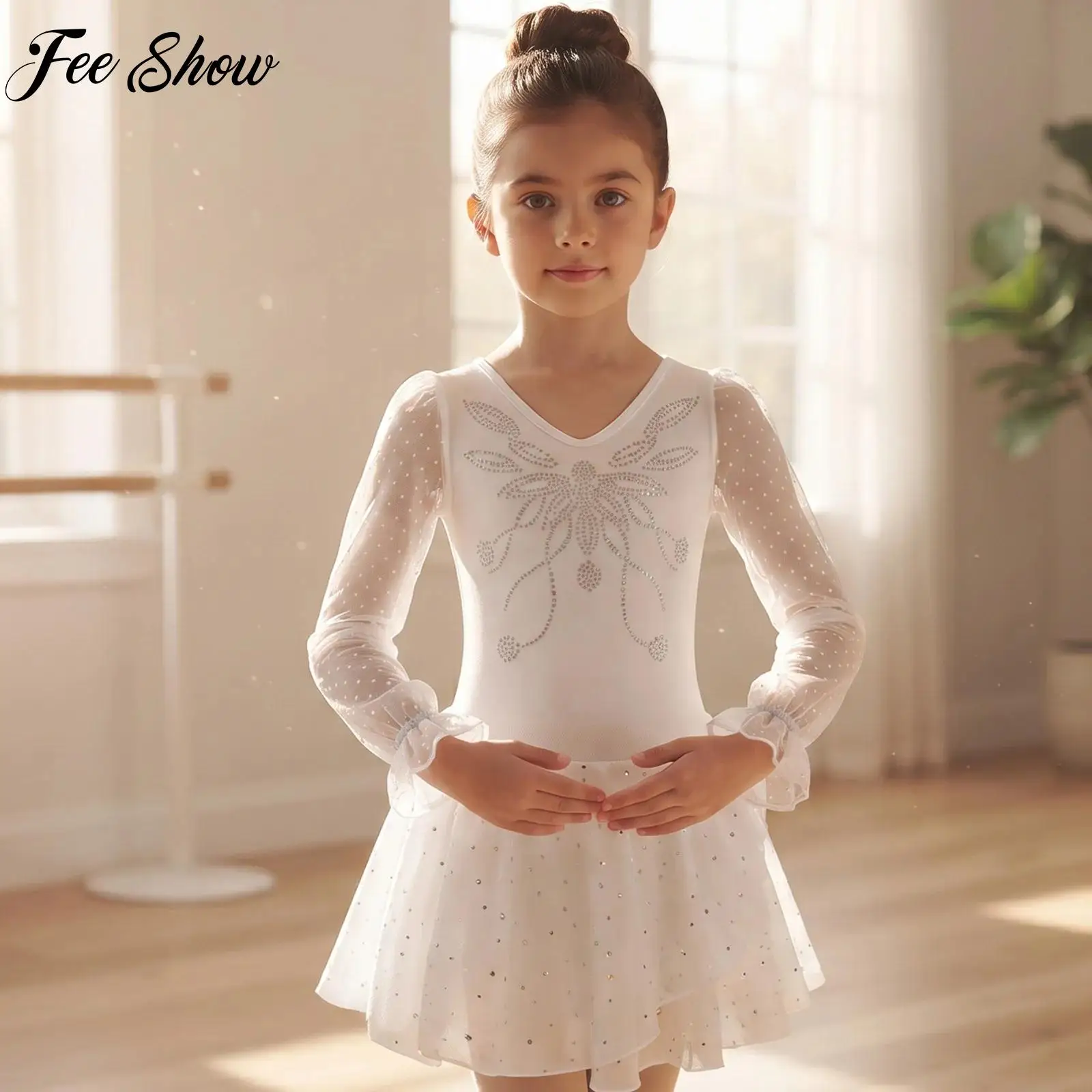 Kids Girls Ballet Dance Dress V-neck Sheer Mesh Long Puff Sleeve Cross Back Rhinestones Ballerina Dress for Practice Performance