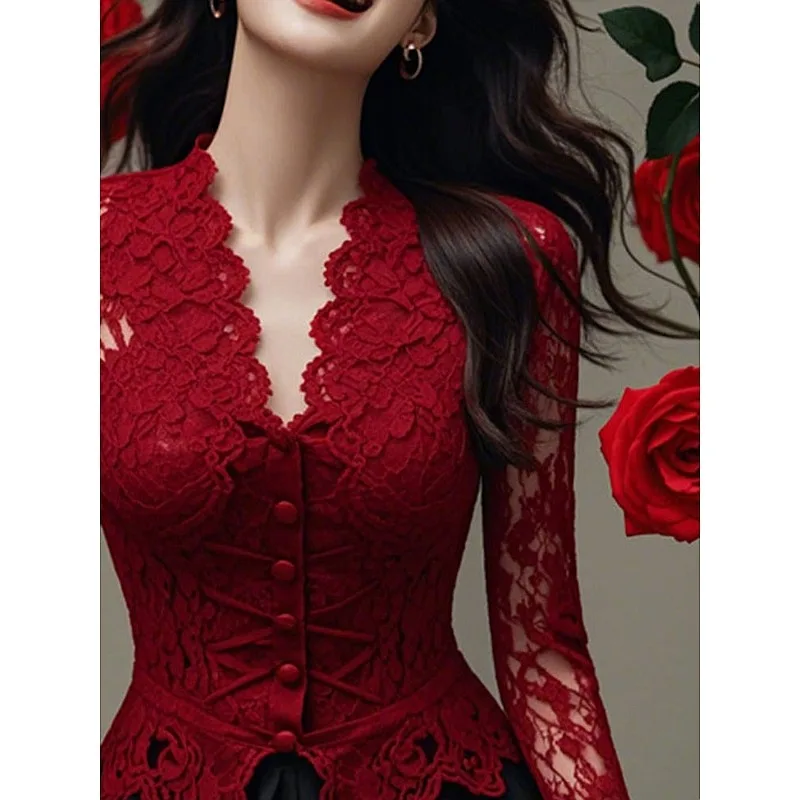 Womens Red Lace Corset Top Long Sleeve Button Front Formal Blouse
