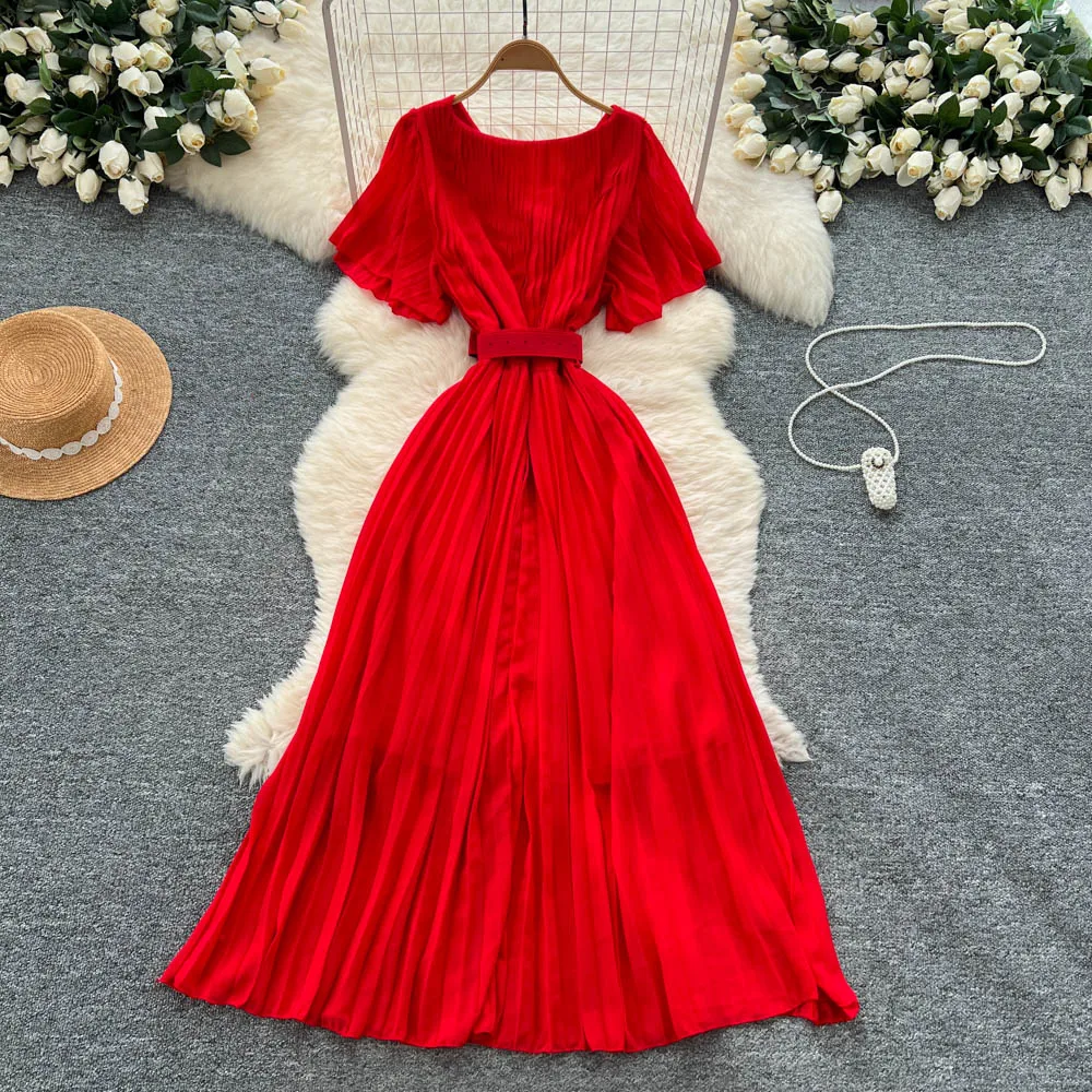 Elegancka, seksowna sukienka letnia damska w stylu boho z dekoltem w serek, szyfonowa, marszczona, w kształcie litery A, luźna, odzież damska.