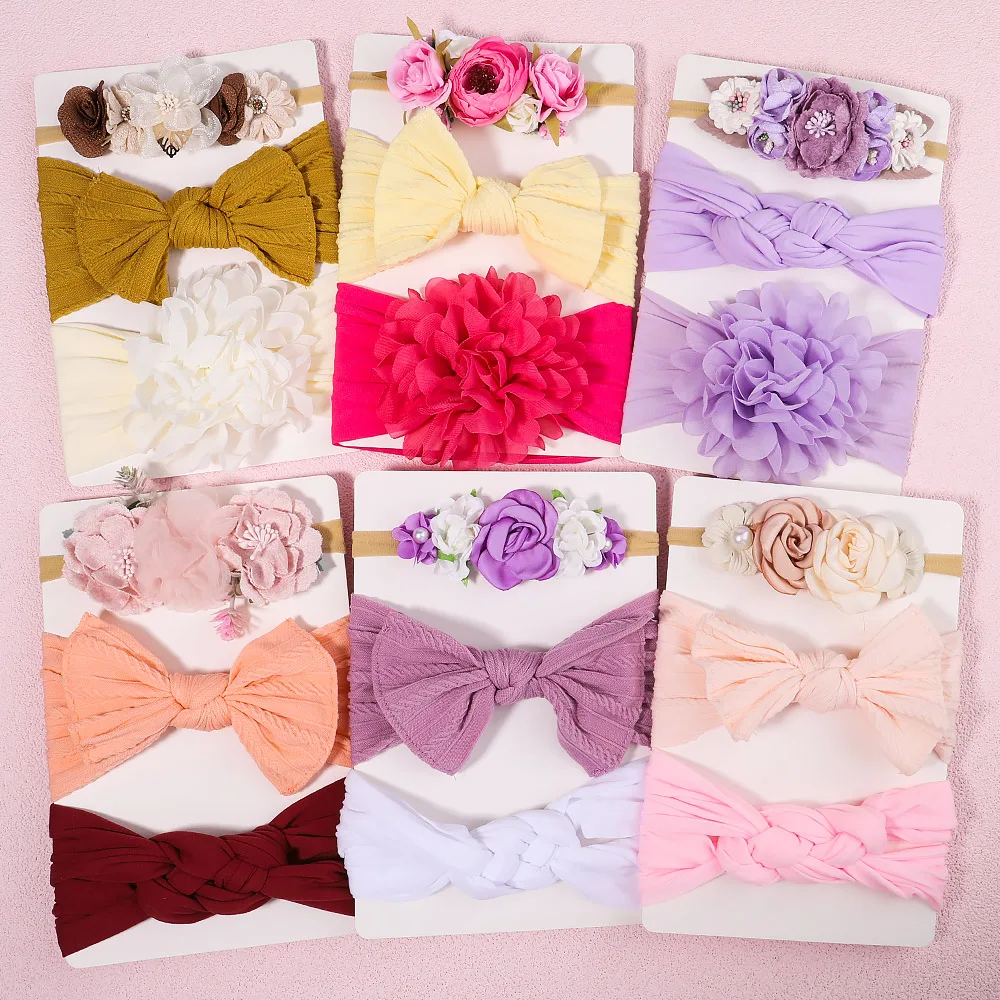 3Pcs/Set Cable Knit Flower Baby Headbands For Girls Elastic Turban Kids Bands Nylon Newborn Headwrap Fairy Hair Accessories