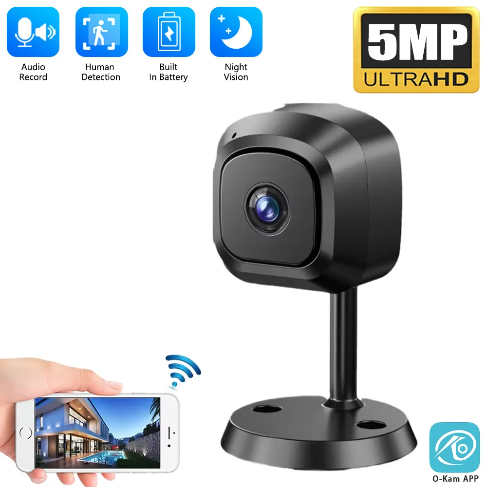5MP Ultra HD Smart Security Mini Camera Indoor Wireless Battery Powered, Human Detection, Night Vision, O-Kam App Control