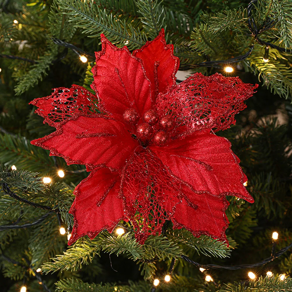 1pc 24cm Glitter Flower Artificial Christmas Poinsettia Flowers Merry Christmas Decorations New Year Ornaments Xmas Fake Flowers