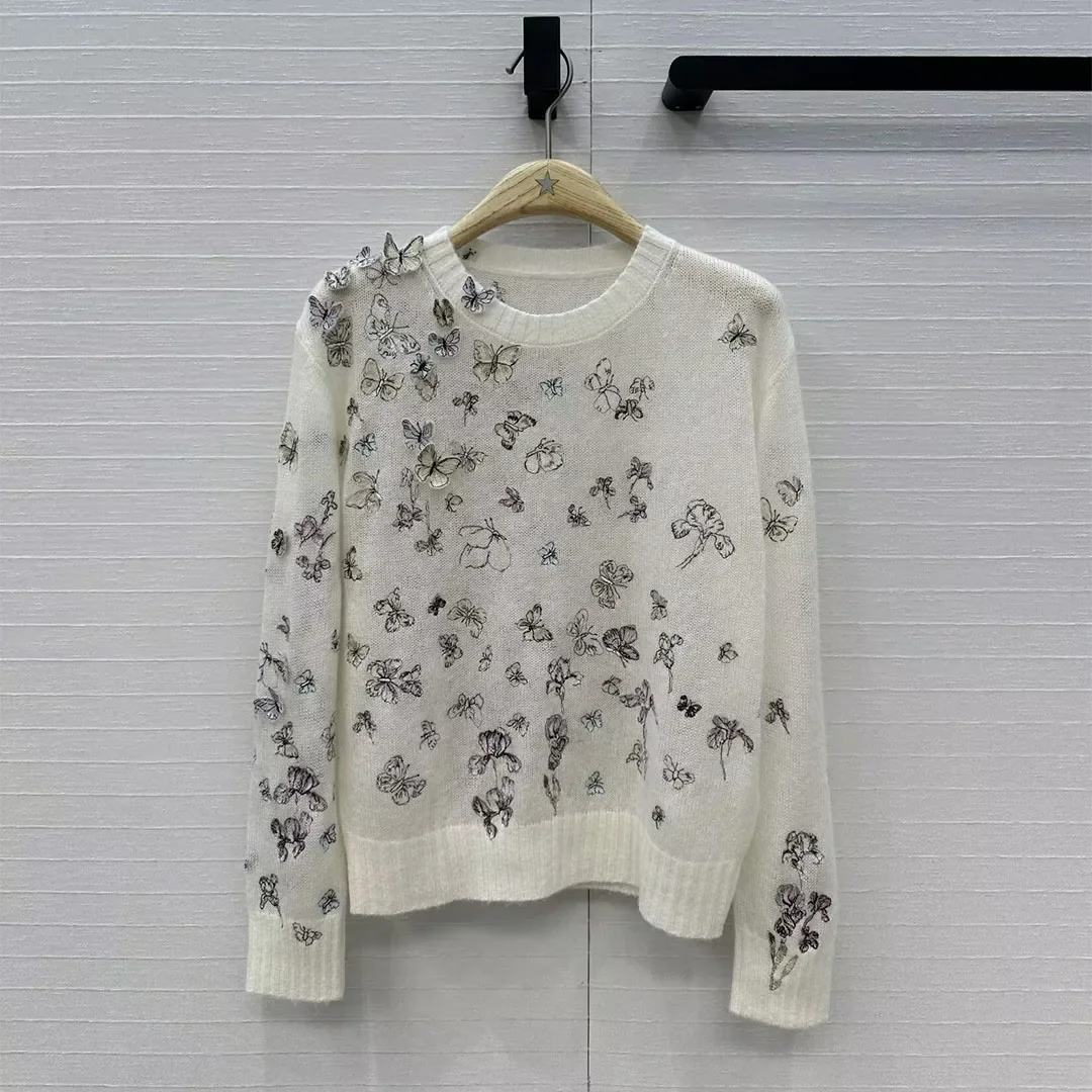 

Women's pullover sweater knitted fashionable embroidery butterfly decorative sweater 2025