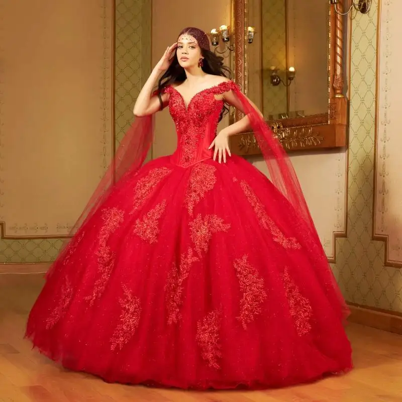 

Customized Red Princess Quinceanera Dresses Ball Gown Off The Shoulder Appliques Crystal Beded Sweet 16 Dresses 15 Años Mexican