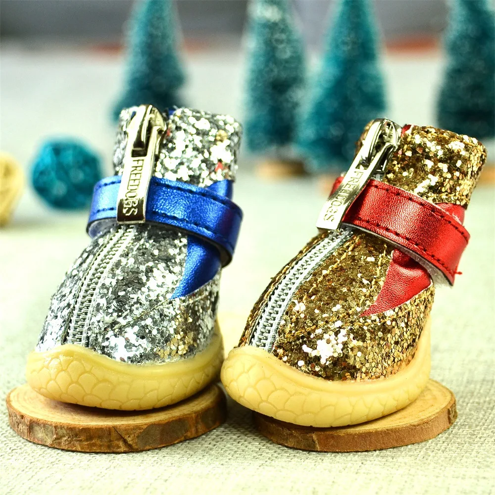 Winter Teddy Bears Dog Shoes with Sequin Decoration Fine Sand PU Leather Pet Shoes