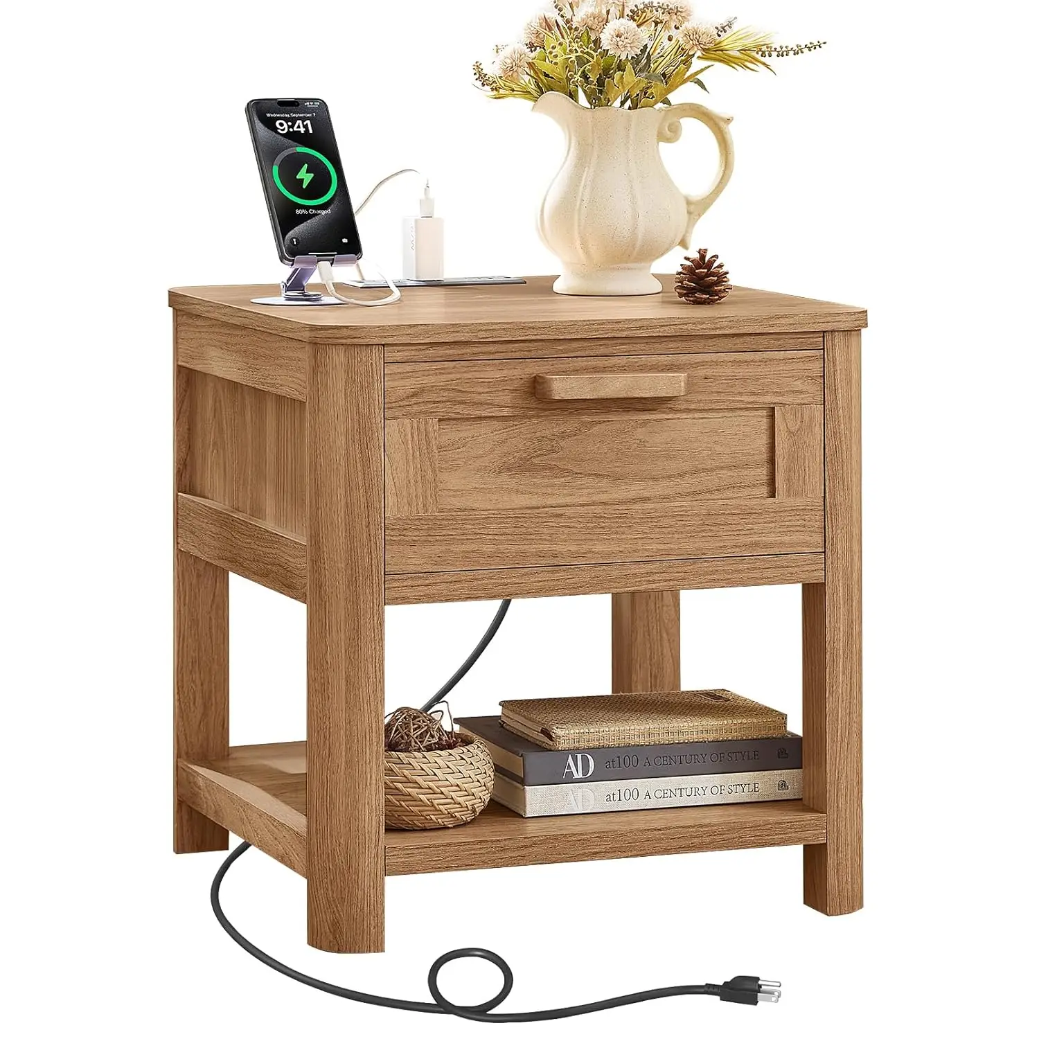 

Farmhouse Side Tables Living Room, Small Nightstand With 1 Drawers & Open Shelving & 4 Thickened Table Legs, Dark, Customized