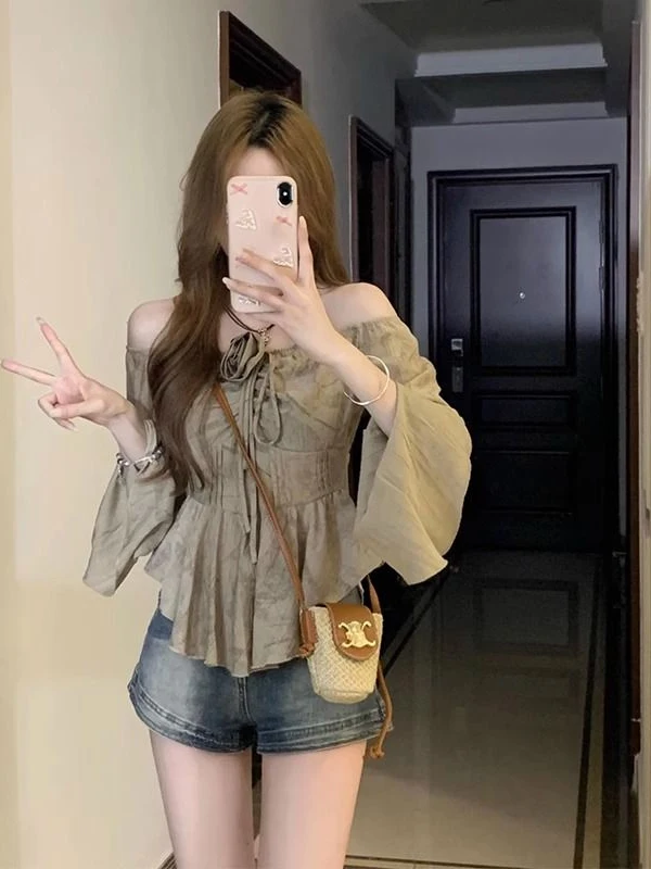 

Vintage Style Slim Fit Long Sleeve One Shoulder Top Women's Fashion Design Sensation Summer Thinming Early Autumn New Arrival