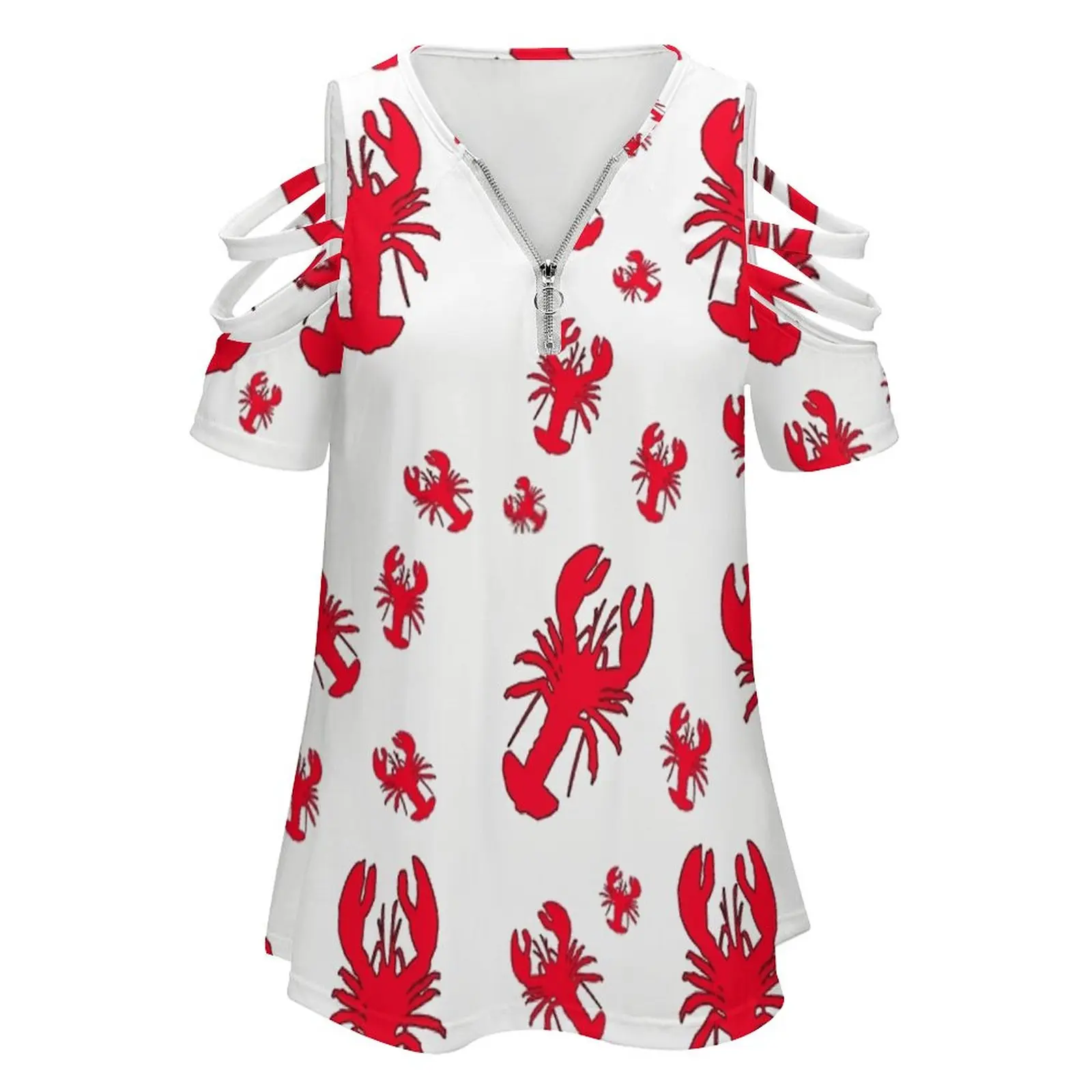 All Over Lobster Print Women's T-Shirt New Fashion Printed Zipper V-Neck Short Sleeve T Shirts Casual Plus Size All Over
