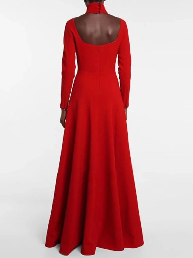 Romantic Red Satin Fashion Evening Dress Turtleneck Long Sleeves Backless Solid Color Lady Elegant Party Dresses Autumn 2024