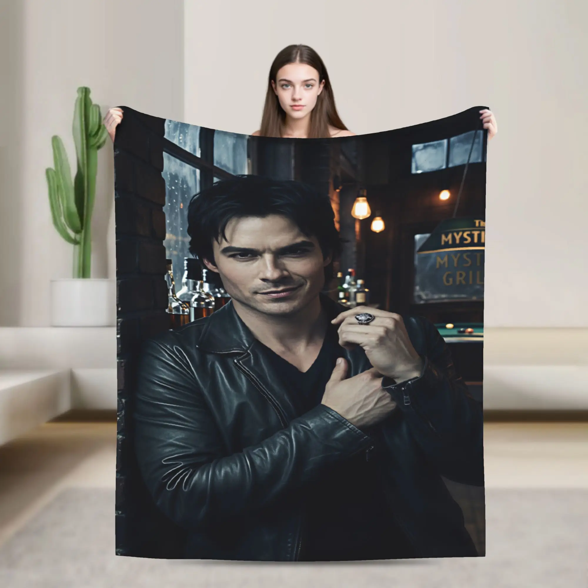 Damon Salvatore Leather Jacket Shot Warm Soft Blankets Picnic Plush Throw Blanket Outdoor Flannel Bedspread Sofa Bed Cover