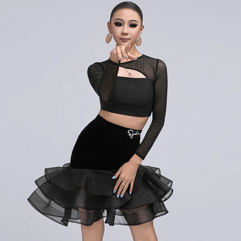 

Latin Dance Clothes Women Black Long Sleeves Tops Wrap Hip Sexy Performance Costume Cha Cha Rumba Dress Competition Wear NV22094