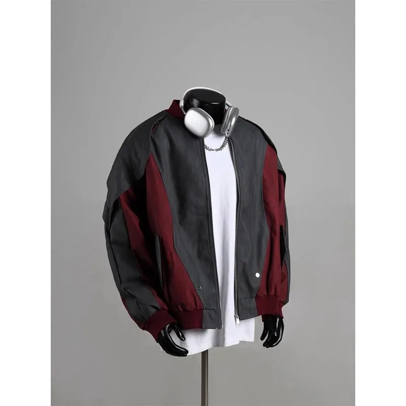Deconstructed Spliced PU Leather Jacket Trendy Street Contrast Spliced Baseball Uniform Jacket