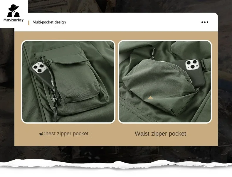 Men's Windbreaker Retro Multi-pocket Waterproof Coat New Spring 2024 Work Field Mountaineering Detachable Cap Boxing Jacket