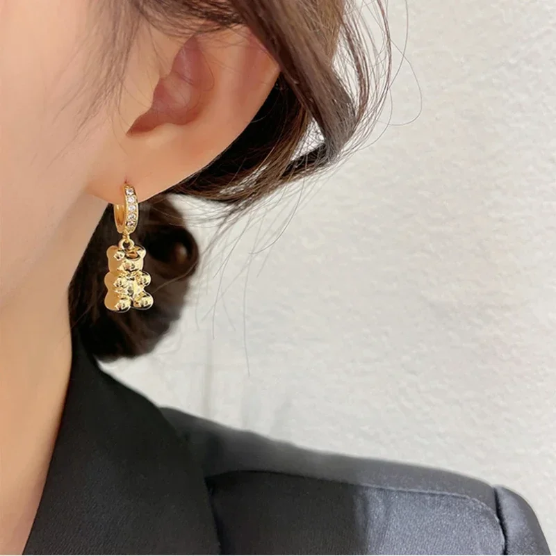Lovely Bear Earrings for Girls Korean Cute Gold and Silver Color Copper Bears Pendant Hoop Earrings Aretes Jewelry Pendientes