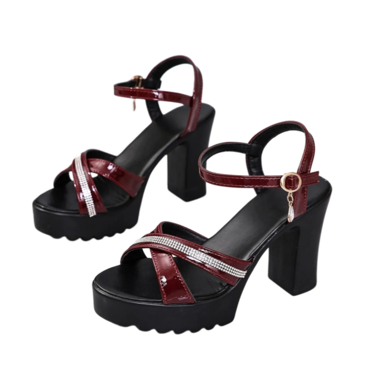Sommerliche neue Sandalen mit runder Spitze und eckigem Absatz, bequeme, lässige, modische, heiß begehrte, sexy Sandalen mit Strass-Schnalle für Damen – Detail 3