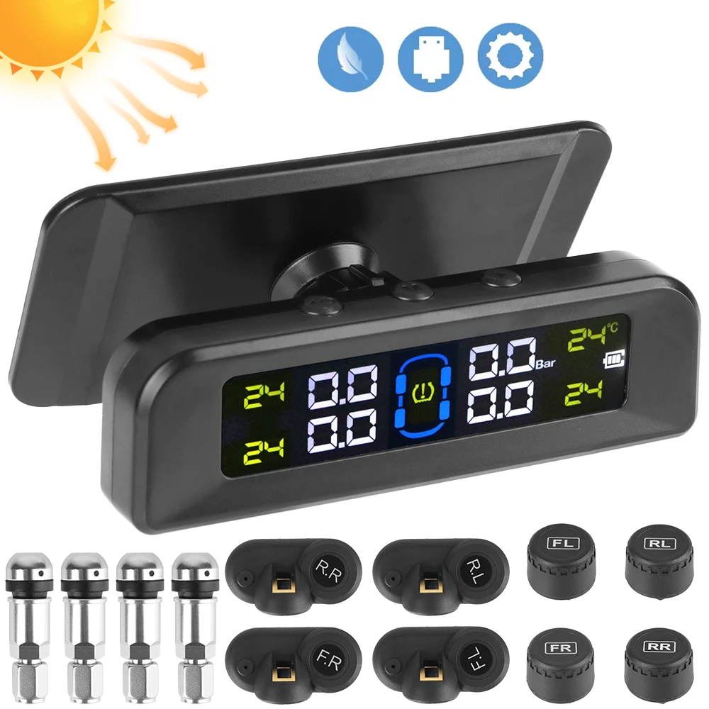 

Wireless Solar Power Automatic Brightness Control Car Tire Pressure Alarm TPMS Monitor System 4 Sensors Decoration Accessories
