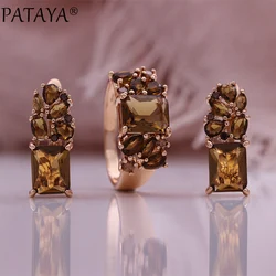 PATAYA Fashion Light Brown Natural Zircon Bride Ring Earring for Women 585 Rose Gold Color High Quality Daily Jewelry Sets