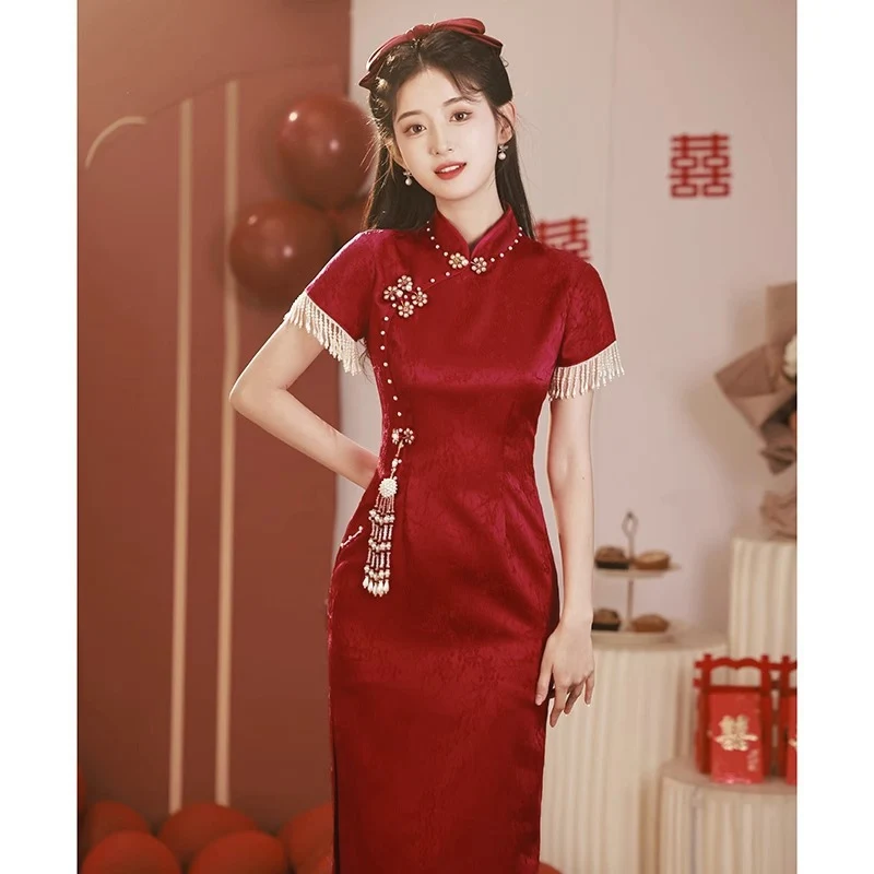 QIPAO-vestido de novia de encaje Sexy de estilo chino, ropa para brindis de boda, Cheongsam con borlas, Vintage, elegante, novedad, Vestidos de gran tamaño