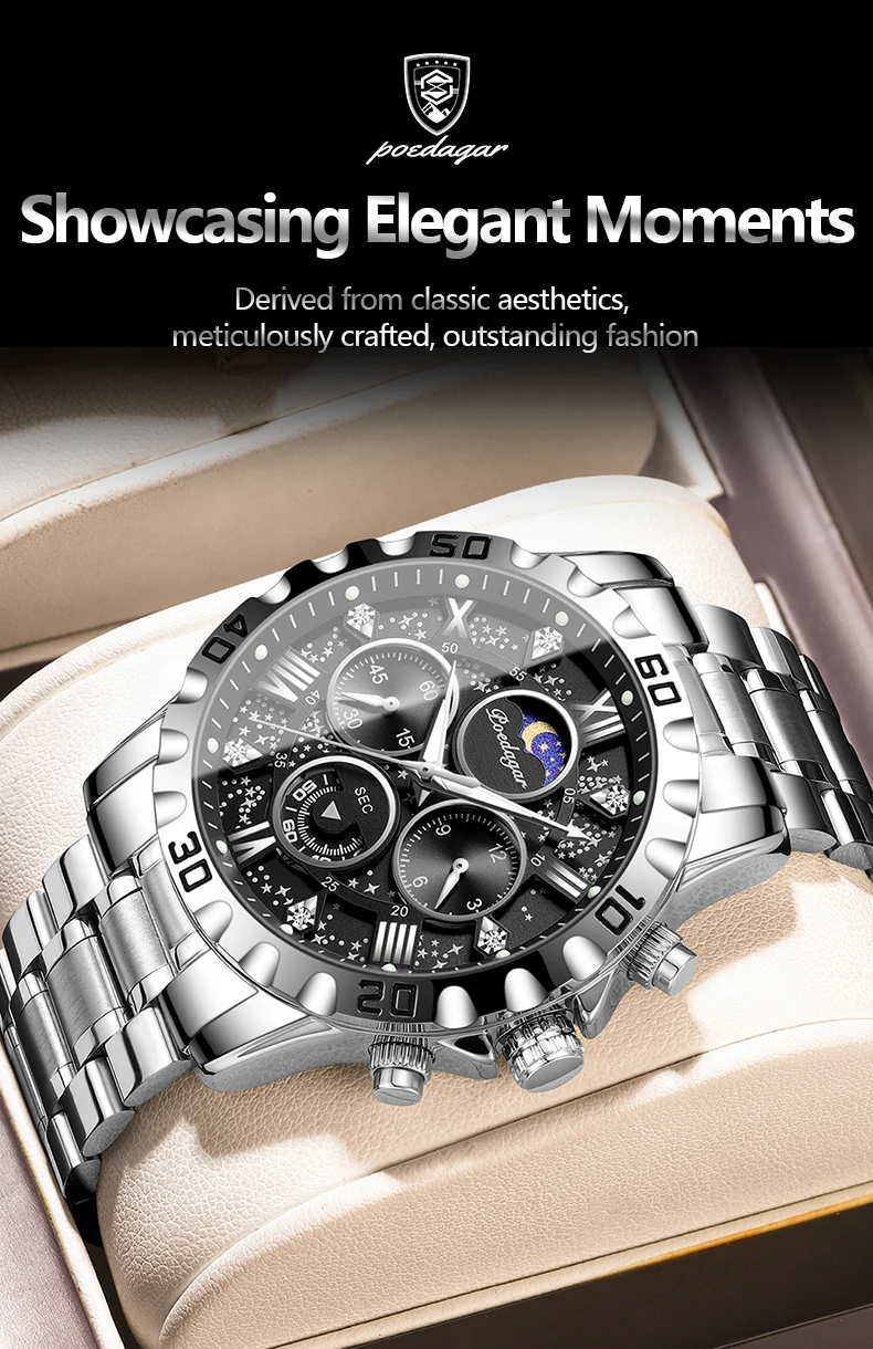 POEDAGAR Luxus Mann Uhr Wasserdicht Leucht Edelstahl Quarz herren Armbanduhr Chronograph Militär Uhren Für Männer Reloj – Detail 5