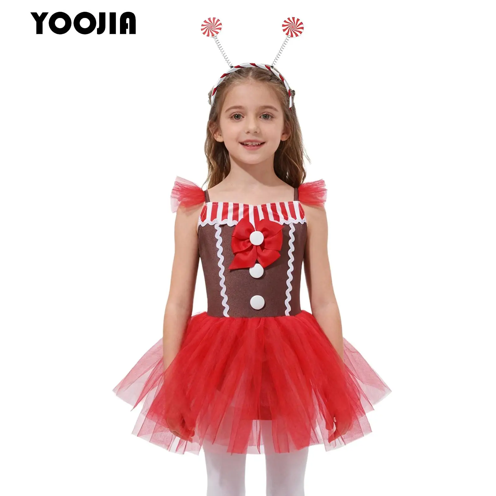 

Girls Christmas Gingerbread Man Costume Xmas New Year Party Dress Stripes Mesh Tutu Ballet Dance Figure Skating Leotard Dress