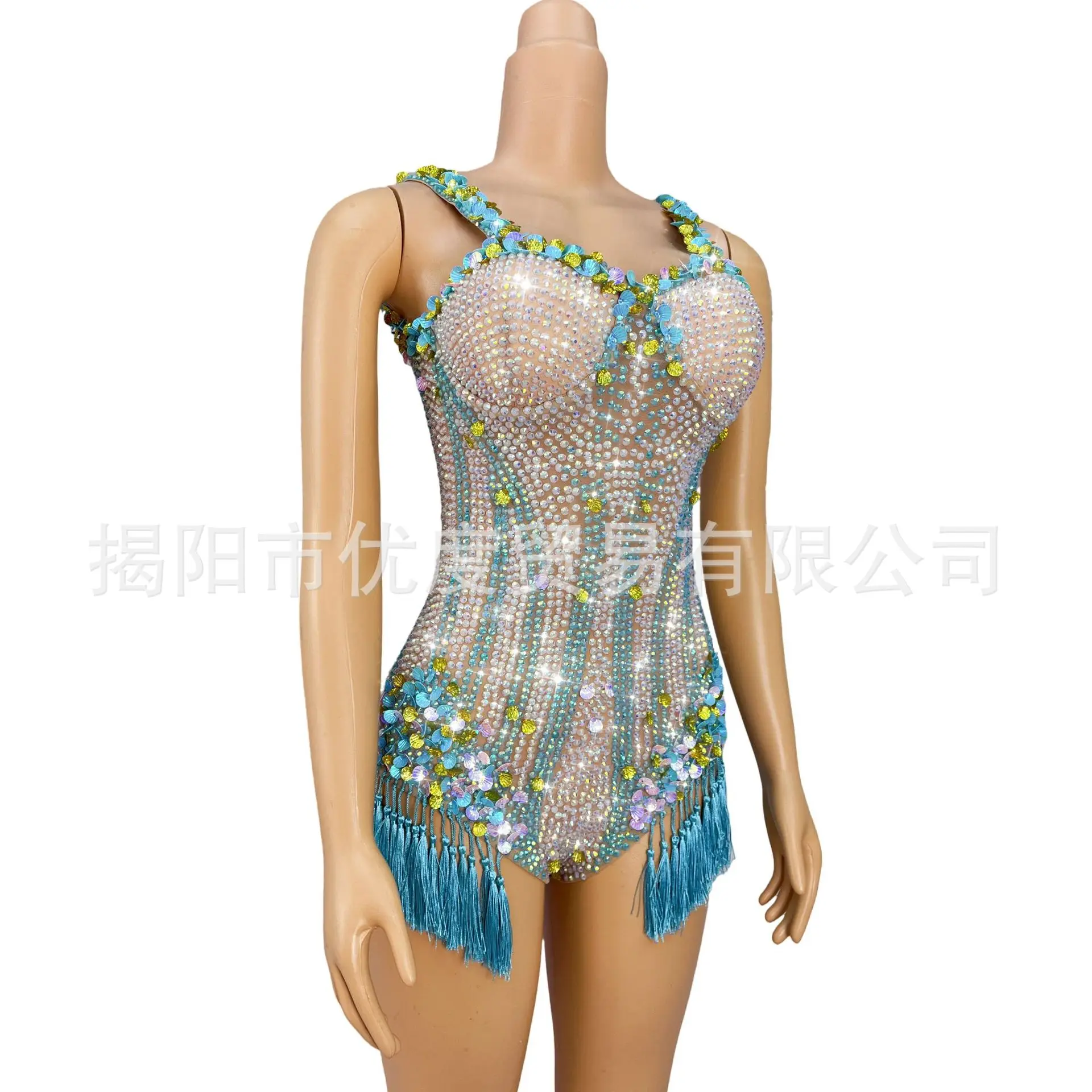 الصناعة الثقيلة حجر الراين مهدب بذلة الإناث المغني حفلة ليلة مرحلة الأداء الملابس نانينغ عالية شوكة فساتين السهرة