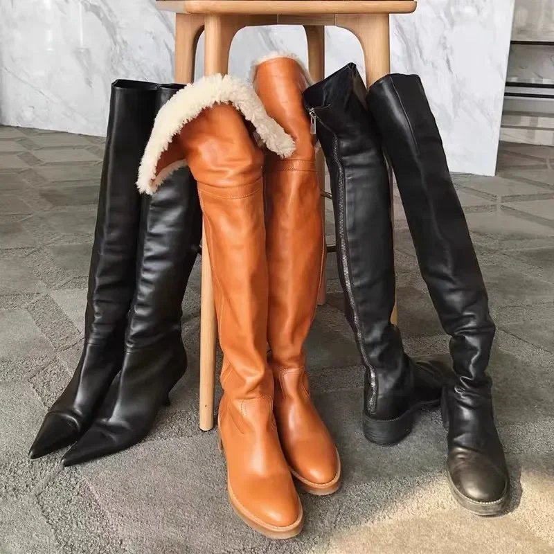 

Thick-Heeled Soft Leather Long Boots Lambskin Over-The-Knee Botines Leather and Fur Integrated Snow Botas Femininas