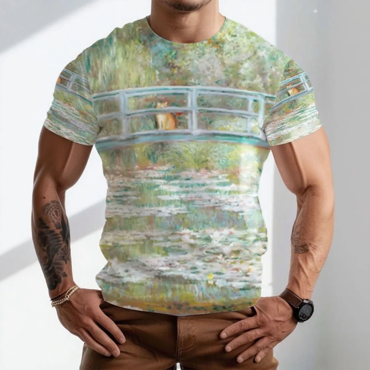 クラウド・オレンジ・オン・ジャパニーズ・ブリッジ・ウォーターリリー・ポンド・ポスター新着ファッションメンズ半袖オールオーバープリントTシャツU