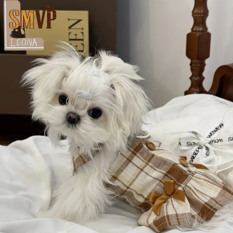 Vintage Brown Plaid Pet Harness Dress Built-in D-ring Traction Hook Satin Bow Decor Button Front Ruffle Dress Dog Sling Outfit