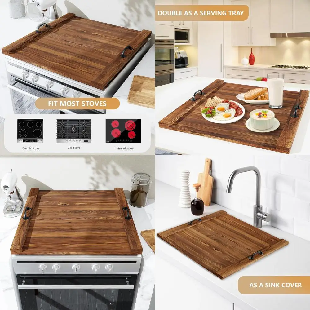 

Wooden Stove Top Cover, 29.5x22, with Handle, for Electric and Gas Stoves