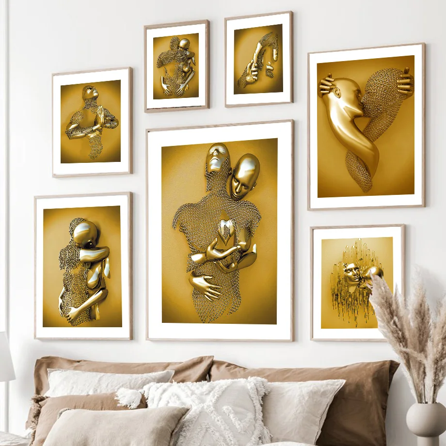 

Abstract Metal Figure Nordic Poster Modern Lovers Sculpture Wall Art Print Canvas Painting Wall Pictures For Living Room Decor